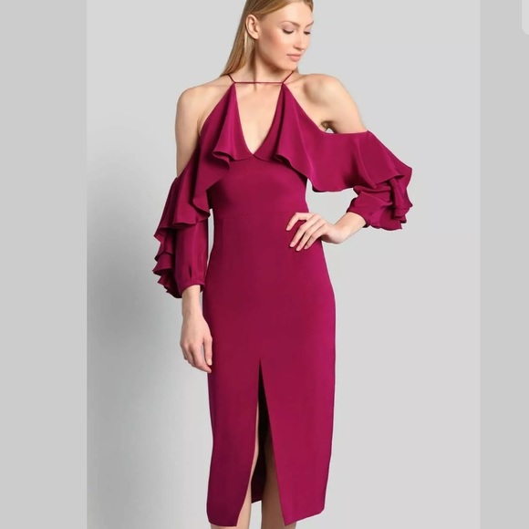 NWT Cushnie Et Ochs Runway Purple Cold Shoulder Ruffle 100%Silk Dress 0